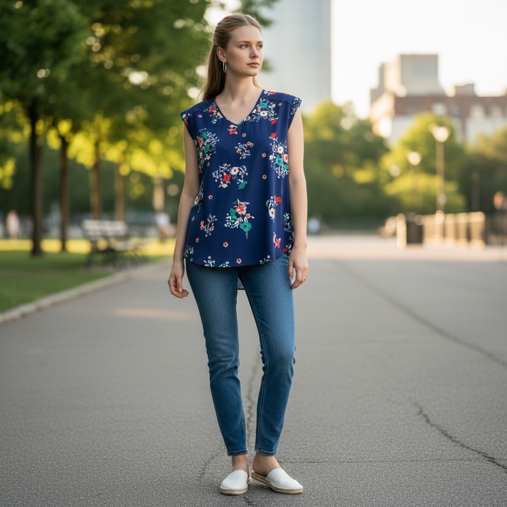 EXPRESS Navy Floral V Neck Cap Sleeve Shirt Top Women's‎ Size Small